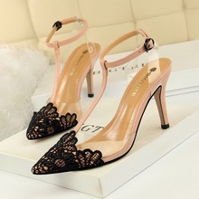 banquet transparent barefoot women's slim heel high heel lace pointed T-belt sandals high heel shoes 2024 - buy cheap