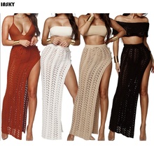 IASKY New crochet knitted bikini cover ups long skirts 2018 new women high split beach skirt swimsuit bathing suit cover up 2024 - buy cheap