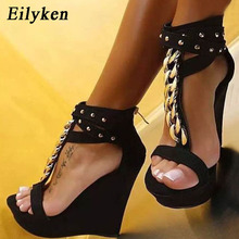 Eilyken Women Sandals Platform Shoes Wedges Punk T-Strap Metal Chain Rivet Ladies Sandals High Heels Black Peep Toe Sandals 2024 - buy cheap