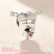 Mother's Day 100% 925 Sterling Silver Girl with Pigtails Charm Pink Enamel beads Fits Original Pandora bracelets Jewelry 2024 - compre barato