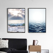 Nordic Decoração Home Art Posters e Impressões Azul Seascape Pintura Paisagem Mar Modular Da Parede Da Lona Fotos para Sala de estar 2024 - compre barato