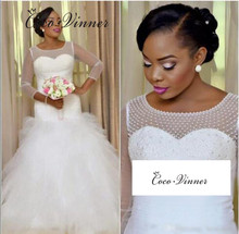 3/4 mangas blanco puro africano sirena vestidos de boda con perlas Pleat Tassel Ruffles personalizado hecho vestido de boda W0467 2024 - compra barato