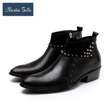 Christia Bella Autumn Winter Solid Rivets Men Shoes Genuine Leather Boots Fashion Pointed Toe Boots Plus Size Zipper Ankle Boots 2024 - buy cheap