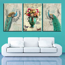 Cuadros de lienzo para decoración del hogar, marco de arte de pared de salón, 3 piezas, pintura de flores Peafowl verde, impresiones de alta definición, póster de pareja de pavo real 2024 - compra barato