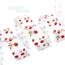 Cinta de grogrén estampada, cinta con flores, papel de regalo, decoración, color rojo y blanco, 25mm, 10 yardas por lote 2024 - compra barato