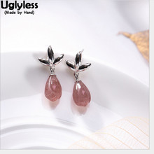Uglyless-pendientes de flor de Magnolia de cuarzo y fresa rosa para mujer, joyería fina de plata 100% sólida, pendientes de hoja triangular 925 2024 - compra barato