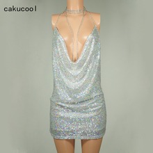 Cakucool Sexy Summer Dress Spaghetti Strap Deep V neck Backless Vestido Sequin Bling Dance Club Slip Dresses Gold Silver Maxi 2024 - buy cheap