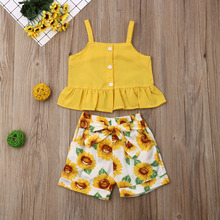 Pudcoco Newest Fashion Summer Toddler Baby Girl Clothes Strap Ruffle Tops Sunflower Print Short Pants 2Pcs Outfits Clothes 2024 - buy cheap