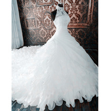 Vestido de novia de Organza con encaje con volantes y cuello Halter, para boda, catedral, tren, 2021 2024 - compra barato