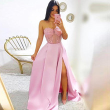 Cute Sweetheart Pink Long  Evening Party Dresses 2019 A-Line Side Slit Appliques Saudi Arabic Elegant Prom Gowns Robe De Soiree 2024 - buy cheap