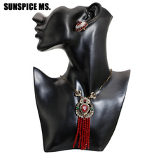 SUNSPICE-Conjunto de joyería Retro Vintage para mujer, pendientes de gancho Natural de piedra redonda, COLLAR COLGANTE con borla larga, bisutería de cuentas hechas a mano 2024 - compra barato