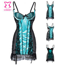 (10-20 UK Size) Plus Size Sky Blue Satin and Black Dot Lace Chemise Erotic Sexy Lingerie Sleepwear Pajamas For Women Nightdress 2024 - buy cheap