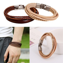 New Arrival Punk Vintage Multilayer Alloy Cuff Brown Genuine Men Leather Bracelets For Women Men Fashion Jewelry Accessories 2024 - buy cheap