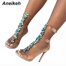 Aneikeh New Summer sandals women Buckle Strap Luxurious Blue Crystal Chain Transparent PVC High Heel Open Toe Sexy Sandals Shoes 2024 - buy cheap