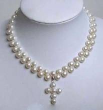 Красивое Двухрядное Белое Ожерелье Akoya с искусственным жемчугом и кулоном в виде креста 18 дюймов 2024 - купить недорого
