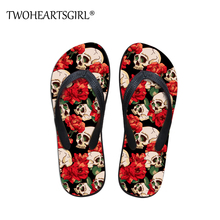 Twoheartsgirl chinelo designer floral crânio meninas flip flops novidade senhoras do sexo feminino verão chinelos planos macios 2024 - compre barato