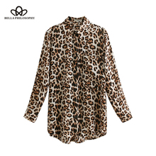 Bella philosophy blusa feminina com estampa de leopardo, 2019, gola com lapela, estampa de animal, bolsos, camisa para mulheres, camisa casual 2024 - compre barato