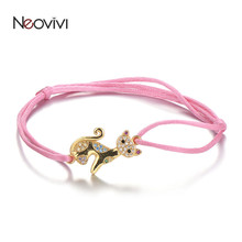 Neovivi Blue Pink Rope String Bracelets for Women Kids Micro Pave Colorful CZ Cat Charm Weaving Bracelets on Hand DIY Jewelry 2024 - buy cheap