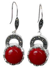 noble and elegant 925 Sterling Silver Jewelry Red Coral  Marcasite Earrings 14/5" 2024 - buy cheap