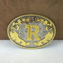 BuckleClub-hebilla de cinturón de cowboy, flor occidental, letra R, FP-03702-R, oro con acabado plateado, lazo de 4cm de ancho, envío directo 2024 - compra barato