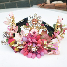 Sweet big pink flower bride handmade beaded lace tiara crown tocados para novias flower hair headdress 2024 - buy cheap