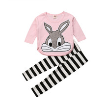 2 pçs do bebê meninas coelho bonito outfit rosa camiseta + calças listra leggings conjunto da criança bugs bunny roupas agasalho 2024 - compre barato