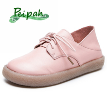 PEIPAH Genuine Leather Women Shoes Lazy Stepping Flats Shoes Casual Lace-Up Woman Soft Leather Retro Cow Leather Female Shoes 2024 - buy cheap
