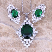 Fancy Green Cubic Zirconia White CZ Silver Plated Earrings Pendant Necklace Jewelry Sets S0799 2024 - buy cheap