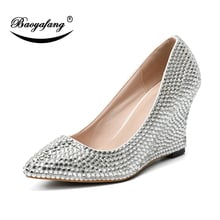 BaoYaFang 2019 NEW ARRIVE Silver Crystal Wedges Pointed Toe Bridal wedding shoes Woman Bride Fashion Pumps Party Dress shoe 2024 - buy cheap