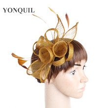 New Arrival Gold Sinamay Party Fascinator Hats Elegant Sposa With Feather Decor Hair Accessories On Hair Combs Headwear SYF231 2024 - buy cheap