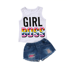 2018 Summer Fashion Girl Boss Sleeveless Vest Tops+Ripped Denim Shorts Jean 2PCS Outfit Kids Girls Clothing Set 2024 - buy cheap
