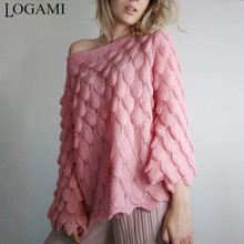 LOGAMI Flare Sleeve Feather Knit Sweater Women Loose Casual Thin Pullover And Sweater Spring Autumn Perspective Women's Top 2024 - buy cheap