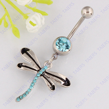Body piercing Dragonfly belly button ring Navel bar belly ring Rhinestone jewelry 14G 316L surgical steel Nickel-free 2024 - buy cheap