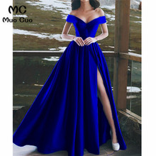 2018 Royer Blue Off Shoulder Evening Dresses with Short Sleeve Front Slit Satin Formal Evening Party Dress for Women 2024 - buy cheap