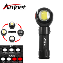 Anjoet фонарик 360 градусов T6 + COB водонепроницаемый магнит мини освещение светодиодный фонарик для наружного использования 18650 или 26650 аккумулятор + USB кабель 2024 - купить недорого