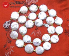 Qingmos colar de pérola branca para mulheres, 10-12mm, natural, com moeda, formato redondo, joias, ne5228, frete grátis 2024 - compre barato