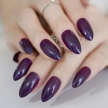 Unhas falsas afiadas de amêndoa oval, unhas falsas cinza roxo com cobertura completa, design de cor pura e pontas falsas 2024 - compre barato