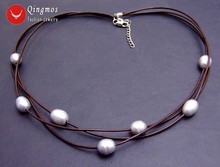 Женское жемчужное ожерелье Qingmos, ожерелье из натурального серого жемчуга 10-11 мм с подвеской из риса и кожи, 3 нити, ожерелье-Чокеры 19-21 дюймов 2024 - купить недорого