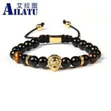Ailatu Animal Charm Bracelet Stainless Steel Lion Head Men Bracelet with Natural Faceted Black Onyx Stone Beads Top Quality 2024 - buy cheap