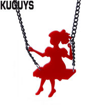 KUGUYS Cute Little Girl on the Swing Pendant Necklaces for Women Fashion Jewelry Red Acrylic Necklace Trendy Accessories Gift 2024 - buy cheap