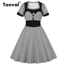 Tonval Rockabilly 50s Gingham Sweetheart Neck Women Retro Dress Button Front 95% Cotton Vintage High Waist Plaid Dresses 2024 - buy cheap