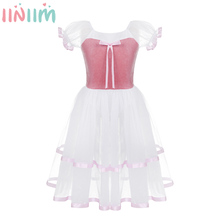 Iiniim-vestido de princesa para crianças, vestido para meninas, com manga bufante, roupa longa de malha, tutu, com laço, veludo, para balé, dança, collant 2024 - compre barato