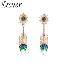 ERLUER-pendientes bohemios con forma de hoja para mujer, aretes con esmalte de pluma Simple, largos, estilo Retro, joyería nupcial para fiesta de boda 2024 - compra barato