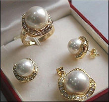 FREE shipping>>>>>white shell pearl crystal gp pendant necklace earring rings jewelry sets 2024 - buy cheap