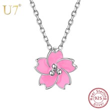 U7 925 Sterling Silver Sweet Pink Flower Sakura Necklace Cherry Blossom Necklaces & Pendants Romantic Valentine's Day Gift SC273 2024 - buy cheap