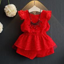 2022 Summer Baby Toddler Girls Clothing Sets Kids Girl Clothes Red Short Sleeve Ruffles Lace Tops+Short Pant 2 Pcs Suit JW1823A 2024 - buy cheap