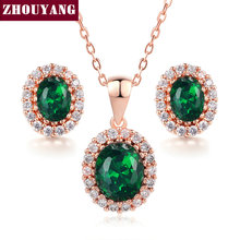 Zhouyang qualidade superior zys106 rosa cor de ouro criado verde austríaco cristal conjunto jóias com 2 pçs eeearrings + colar 2024 - compre barato