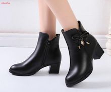 New fashion Women Boots Black Leather Ankle Boots For Women Bow High Heel Boots Autumn Female Shoes Size 35-41 Botas 2024 - buy cheap