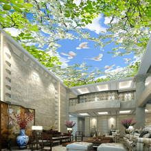 Papel de parede personalizado 3d, murais com nuvem branca, pombos, flores, folhas verdes, sala de estar, quarto, teto, mural de parede 2024 - compre barato