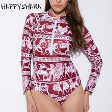 HAPPYSHARK Sports Surf Suit Professional Long Sleeve One Piece Swimwear Women 2018  Zipper High Neck Quick Dry Floral Swimwear 2024 - buy cheap